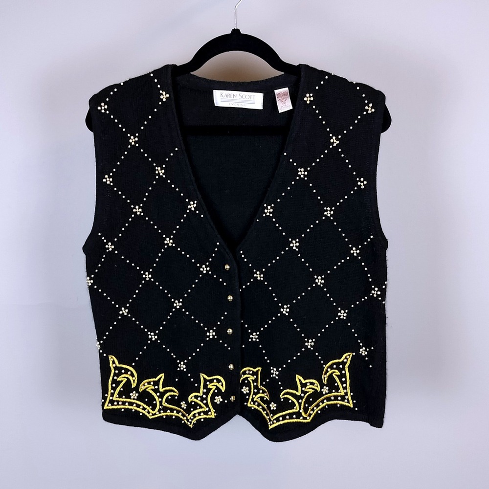90s Karen Scott Silk Angora Beaded Embroidered Knit Vest Womens Black Gold M